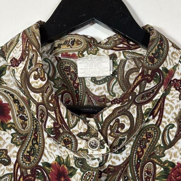 Floral Blouse Burgundy Red Green Button Collar Vtg Koret Preppy Office 16W - Picture 2 of 12